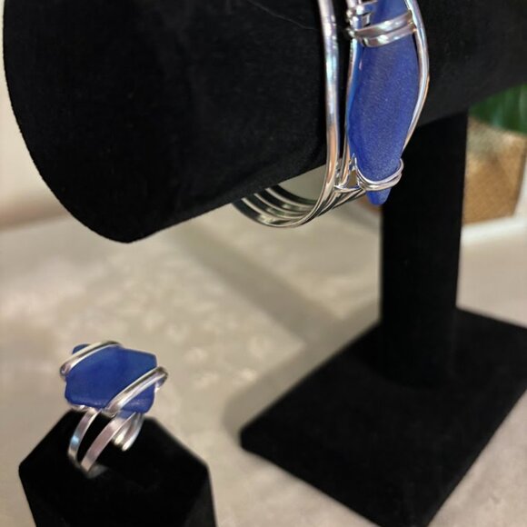 Jewelry - Beautiful Blue Color Cuff Bracelet and Ring (size 10) in Silver Tone